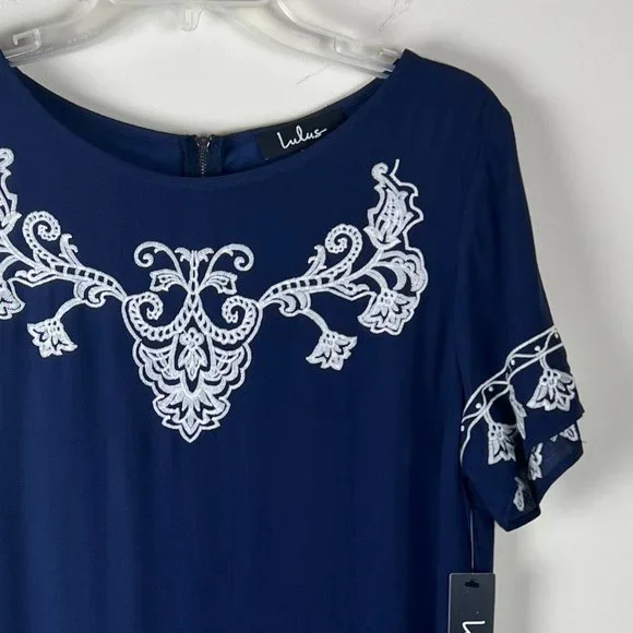 2/$30 Nwt Lulu's Embroidered Navy mini shift dress Large - Picture 7 of 9